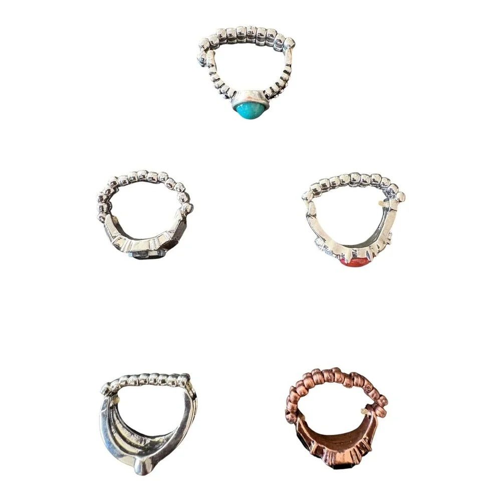 Set of 5 Boho Stretch Rings Turquoise Pink Crystal Black Stone Mixed Metal Tone
